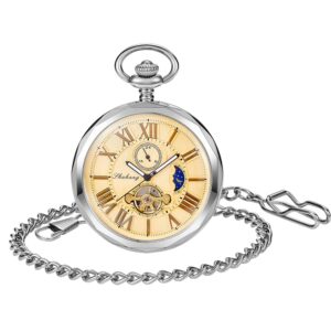 Classic Gold Capless Men's Mechanical Pocket Watch, Smooth Capless Moon Phase Roman Numeral Pointer Mechanical Pocket Watches for Men