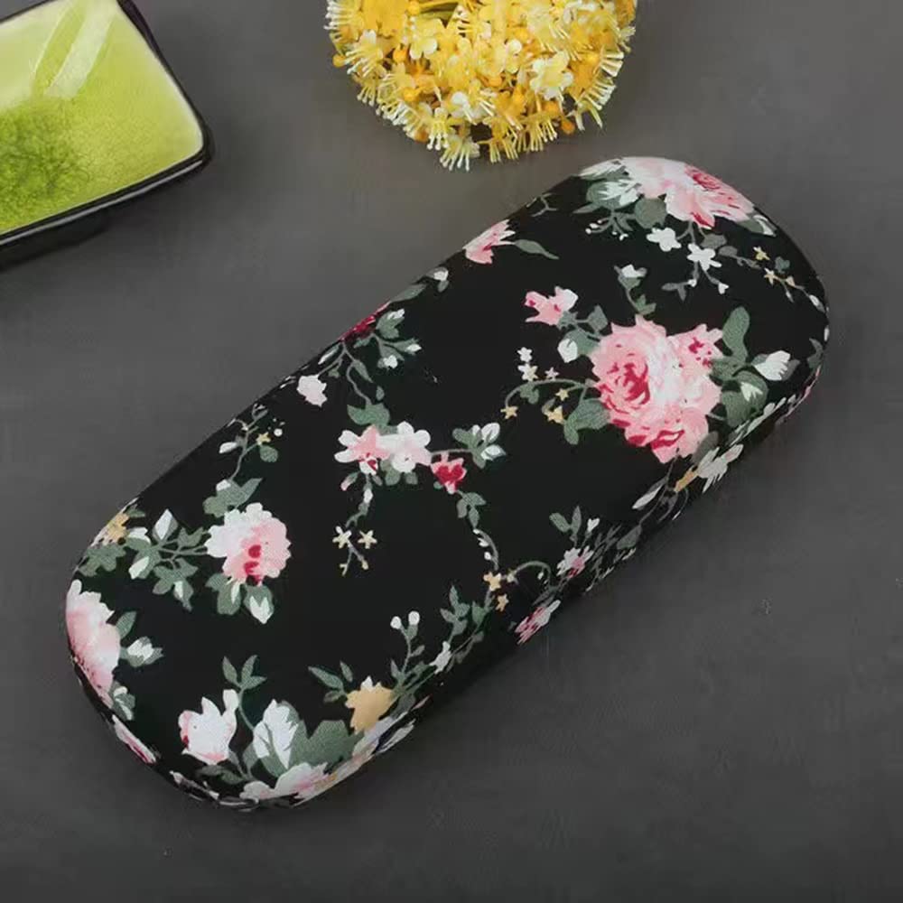 PERFECTSIGHT Hard Shell Eyeglasses Case Floral Portable Protective Glasses Case Flower Fabric Surface Eyeglass Case for Women Girls With Microfiber Cleaning Cloth (Black)