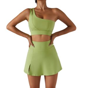 ABOCIW Golf Skirts for Women High Waist Tennis Skirts with One Shoulder Sport Bra Set,Skorts Skirts for Women Cutout Medium Support Yoga Bra 2 Piece Workout Outfits Activewear Green Medium