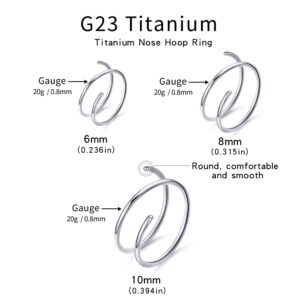 VOJO G23 Titanium Spiral Double Hoop Nose Rings 20G 6/8/10mm Hypoallergenic Thin Piercing Jewelry for Women Men (6/8/10mm, Silver)