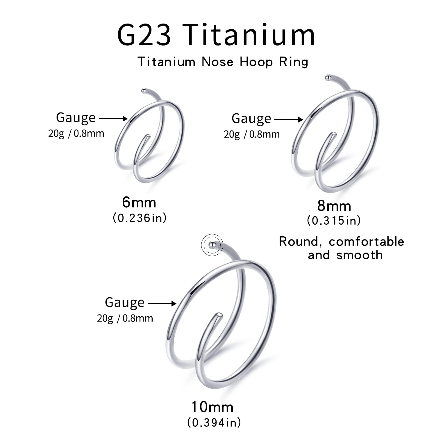 VOJO G23 Titanium Spiral Double Hoop Nose Rings 20G 6/8/10mm Hypoallergenic Thin Piercing Jewelry for Women Men (6/8/10mm, Silver)