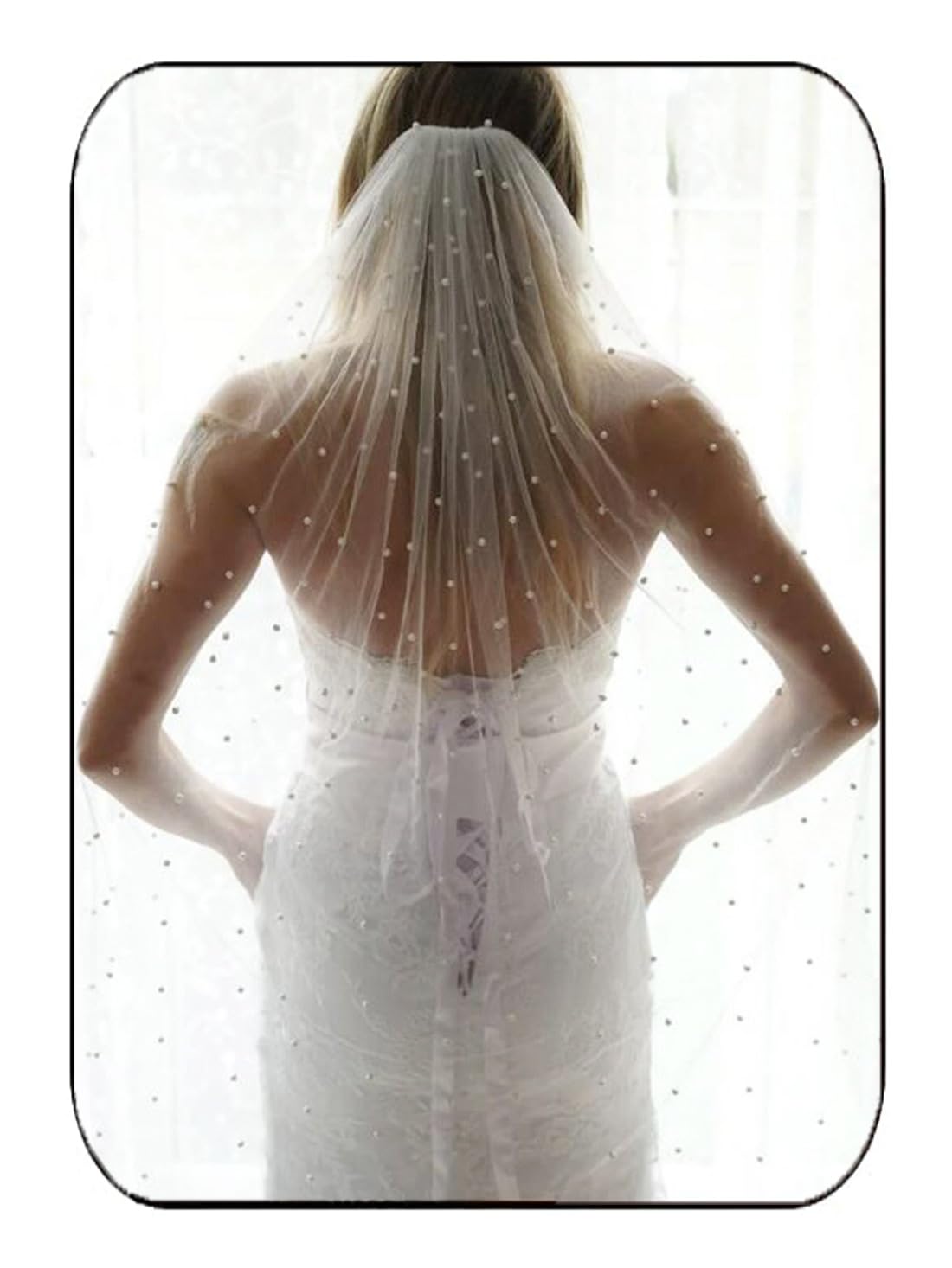 HEREAD Pearl Bride Wedding Veil White Fingertip Cathedral Bridal Tulle Veils Hair Accessories with Comb and Cut Edge (35.4“ Length)