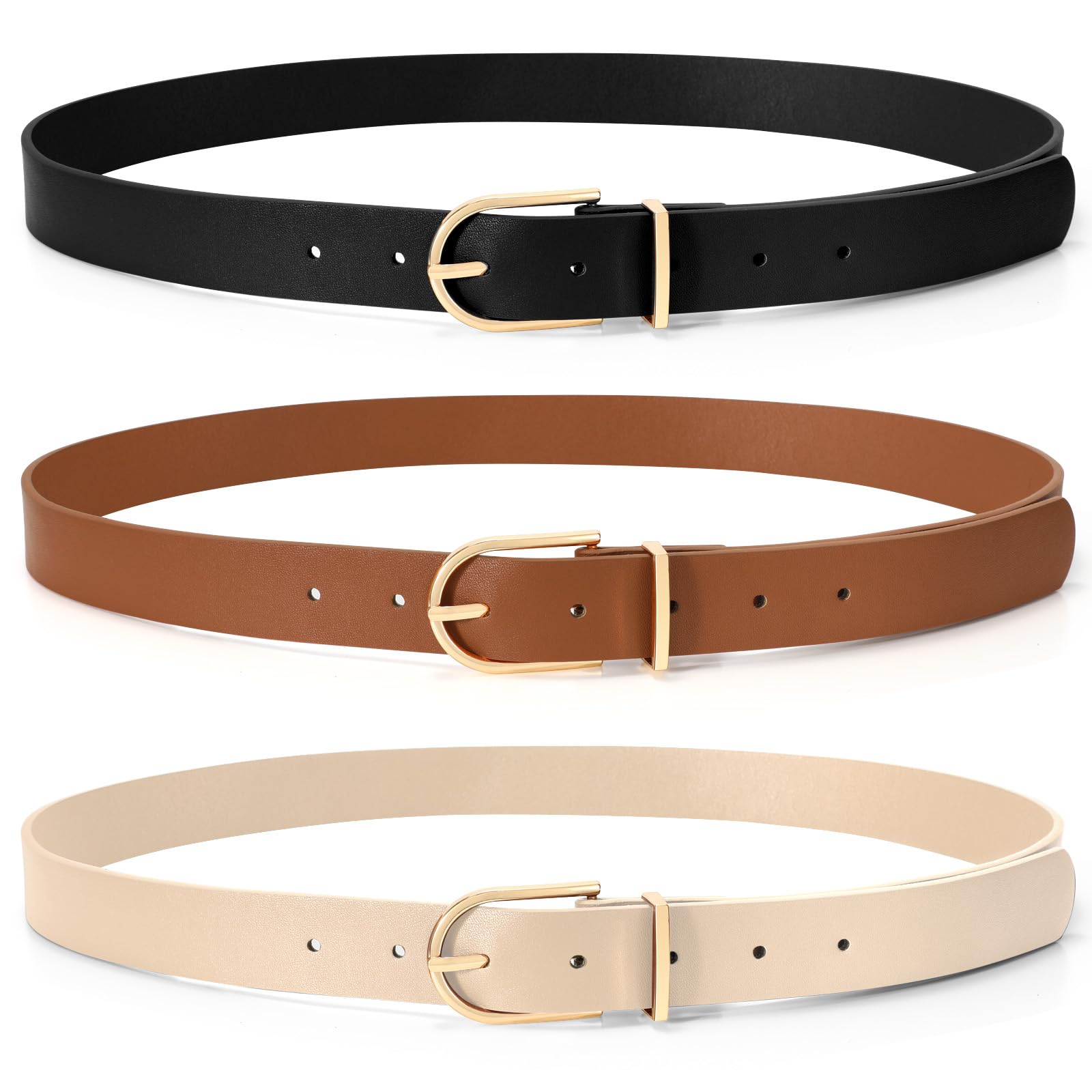 SUOSDEY 3 Pack Womens Fashion Leather Belts for Jeans Dresses Pants Black Brown Beige Ladies Belts with Gold Buckle