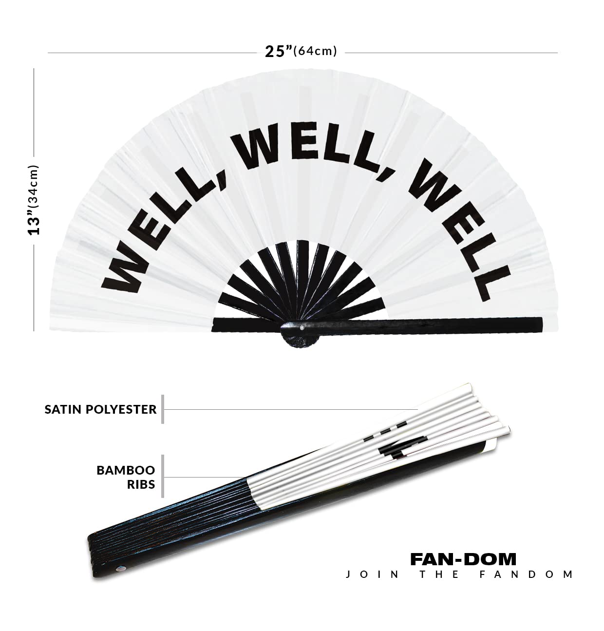 Well, well, well hand fan foldable bamboo circuit hand fan funny gag slang words expressions statement gifts Festival accessories Rave handheld Circuit event fan Clack fans (White)