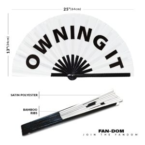 Owning it hand fan foldable bamboo circuit hand fan funny gag slang words expressions statement gifts Festival accessories Rave handheld Circuit event fan Clack fans (White)