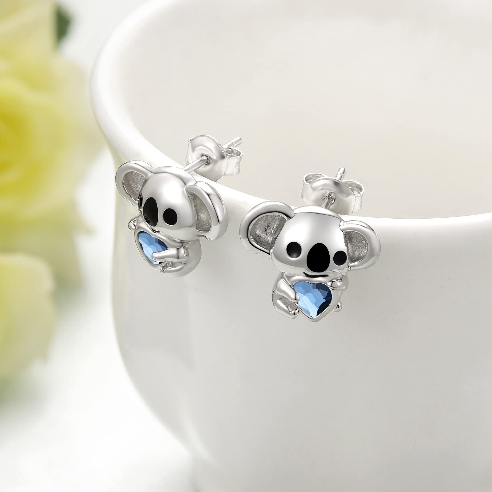 Koala Earrings 925 Sterling Silver Cute Koala Bear Heart Crystal Earrings Small Animal Stud Earrings for Women