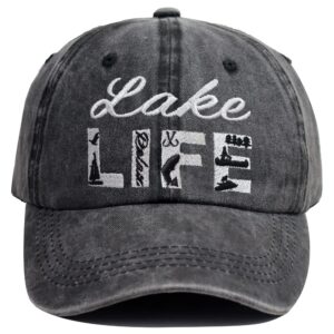 Lake Life Hat for Women Men, Funny Lake Accessories Gifts, Adjustable Embroidered Lake Hair Don’t Care Baseball Cap, Lake Decor Summer Vacation Stuff