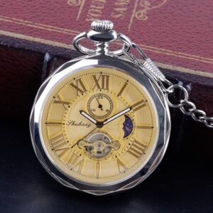 Classic Gold Capless Men's Mechanical Pocket Watch, Smooth Capless Moon Phase Roman Numeral Pointer Mechanical Pocket Watches for Men