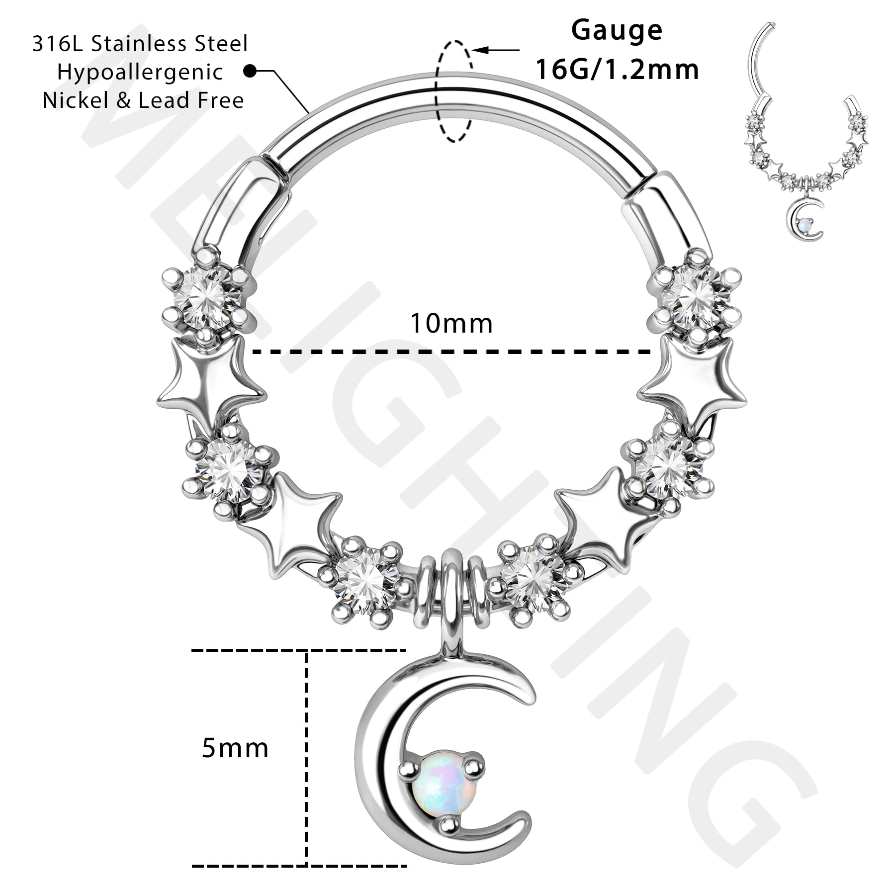 Melighting Septum Rings 16G Moon Septum Jewelry with Opal Clear CZ Surgical Steel 316L Star Helix Earring Dangle Daith Earrings Nose Rings Piercing for Women Men