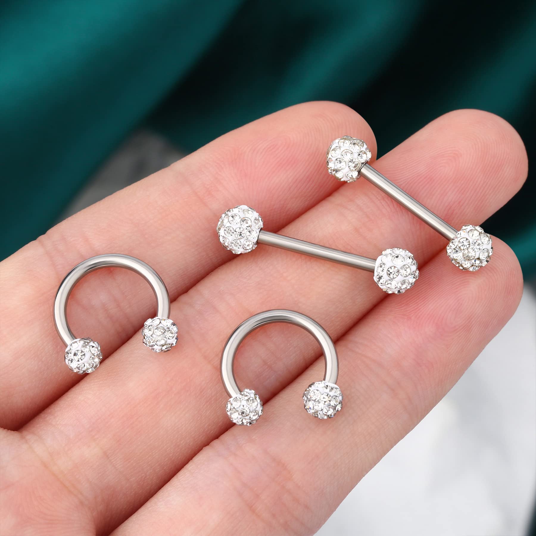 COCHARM 4pcs G23 Solid Titanium Nipple Rings 14g White Nipple Rings Horseshoes Nipple Hoop Nipple Piercing for Women Cute Small Diamond Paved Nipple Barbells