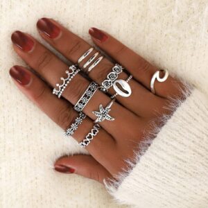 Geometry Fashion Shapes Different Set Female Ring Gold Jewelry Ring Fesvital Accessory Cute Rings for Girls 10-12 Years Old (Silver, One Size)