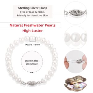 Pearlsays Natural Pearl Bracelets for Women 925 Sterling Silver AAA+ Quality Handpicked Real White Cultured Freshwater Pearl Strand Bracelet Birthstone July Charm Fine Jewelry For Women Gifts 7mm,