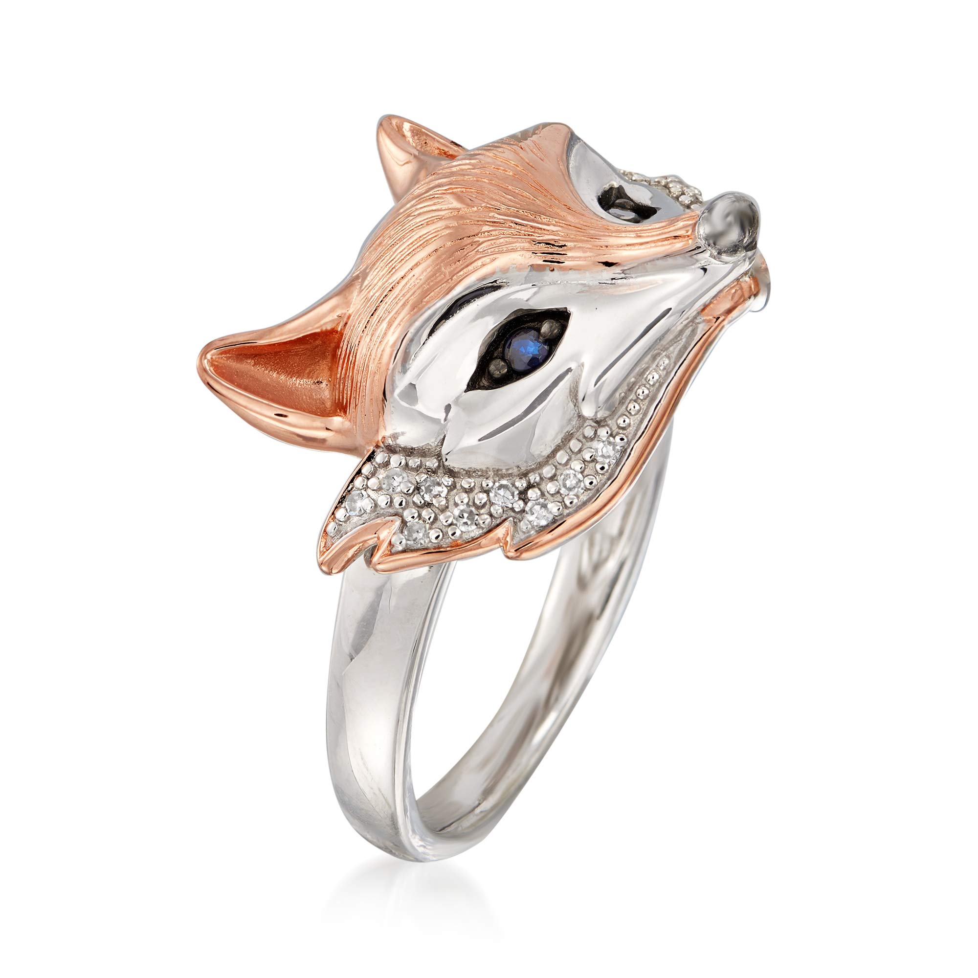 Ross-Simons Two-Tone Sterling Silver Fox Ring With Sapphire and Diamond Accents. Size 9