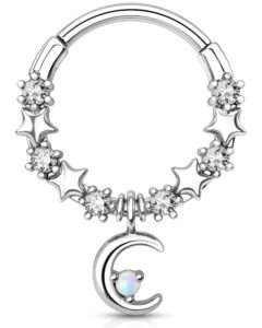 melighting septum rings 16g moon septum jewelry with opal clear cz surgical steel 316l star helix earring dangle daith earrings nose rings piercing for women men