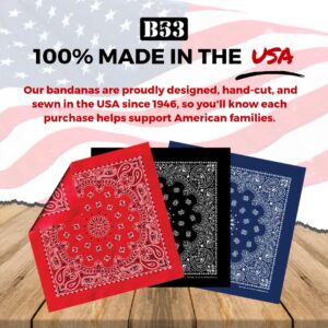 B53 100% Cotton Bandanas Made in the USA - Stylish Headband, Handkerchief, Scarf - 21 inch x 21 inch (Red, Navy, Black (3-pack))