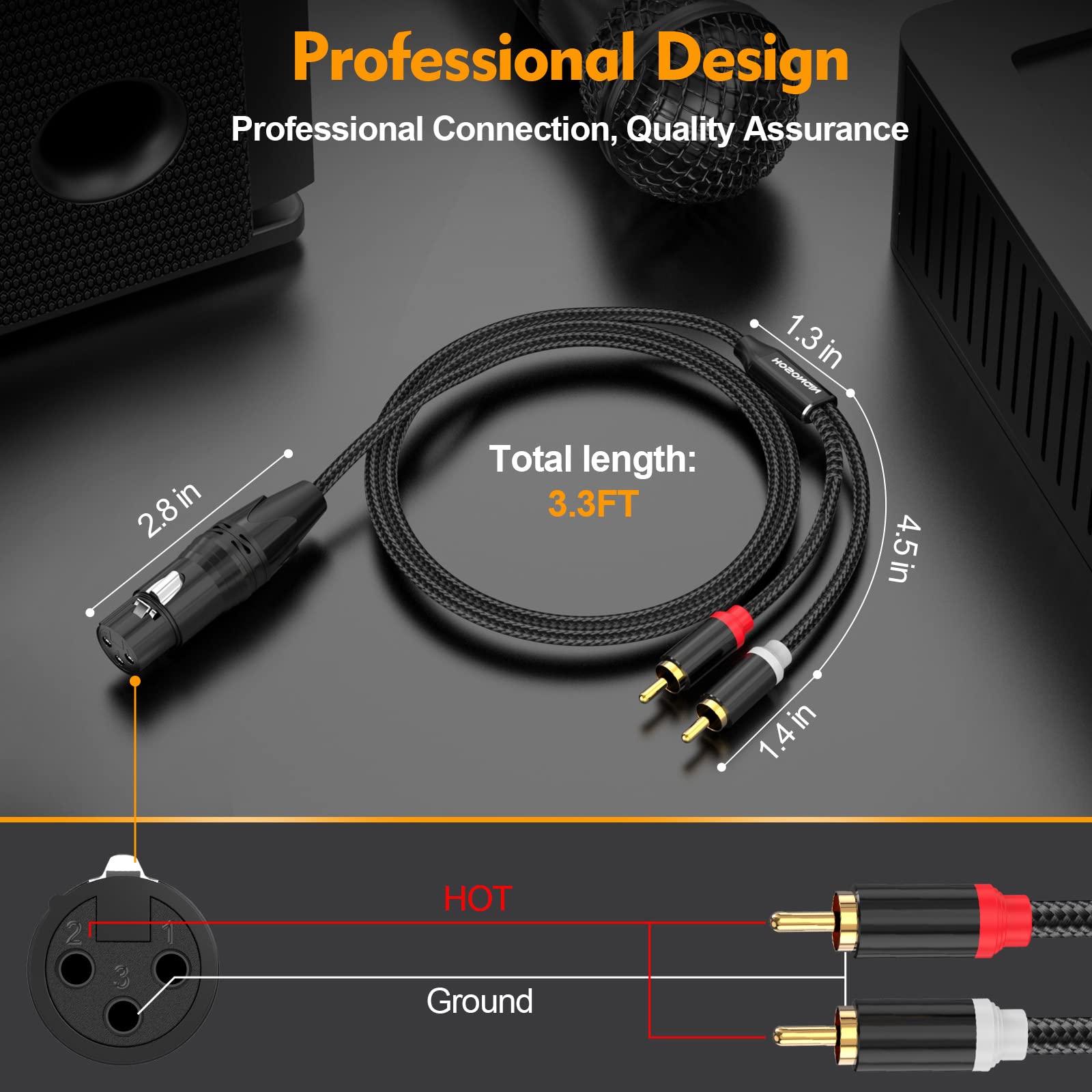 HOSONGIN XLR Female to Dual 2 RCA Male Y-Splitter Cable 3.3ft - Dual 2 RCA Male to 1 XLR Female Unbalanced Plug - Nylon Braided Jacket Gold-Plated Plug Double Shielding Cable, 3.3 Feet