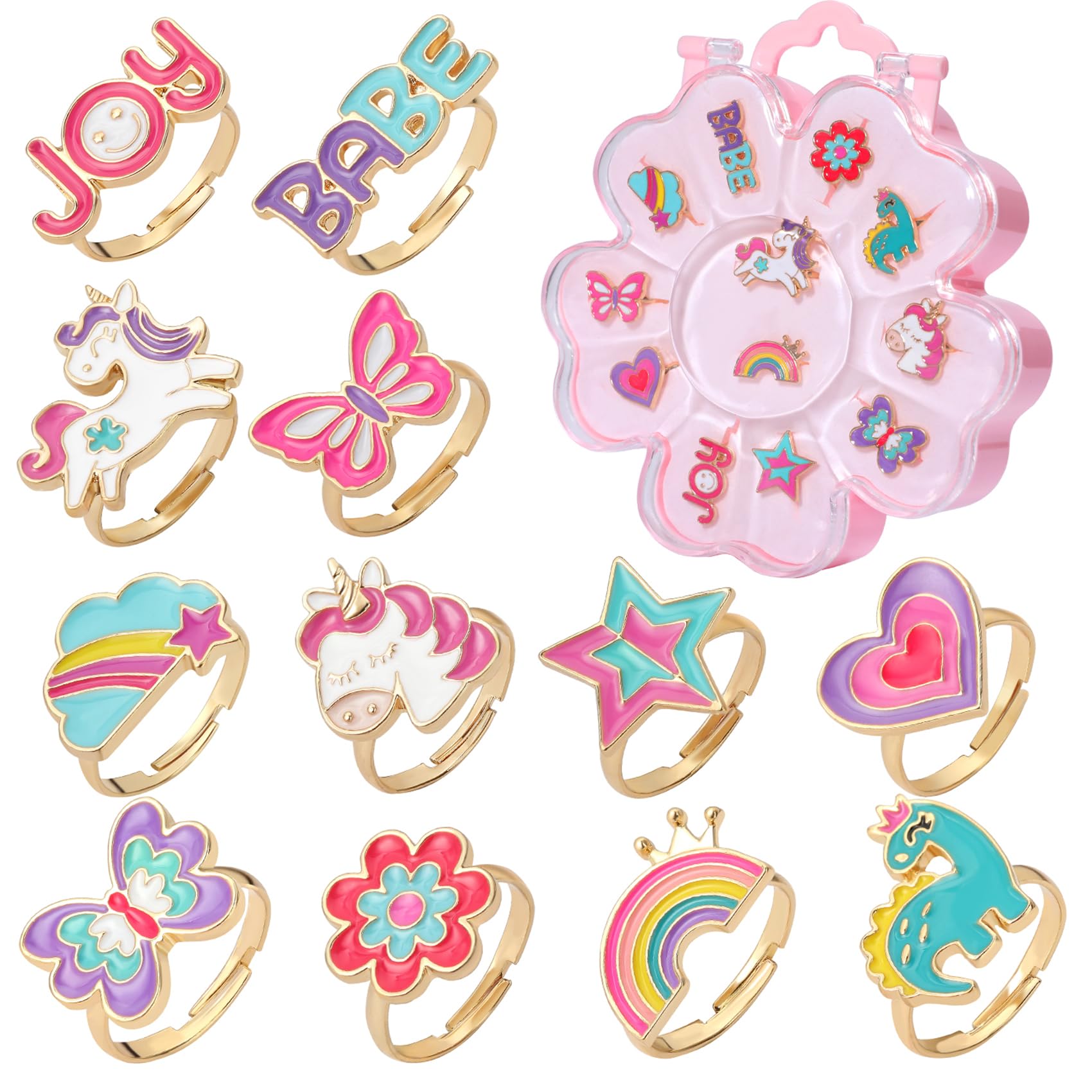 PinkSheep Rings for Kids Jewelry for Girls Unicorn Ring Rainbow Ring Butterfly Ring 12 PC Gift for 4/5/6/7/9/10 Years Old Flower Packaging