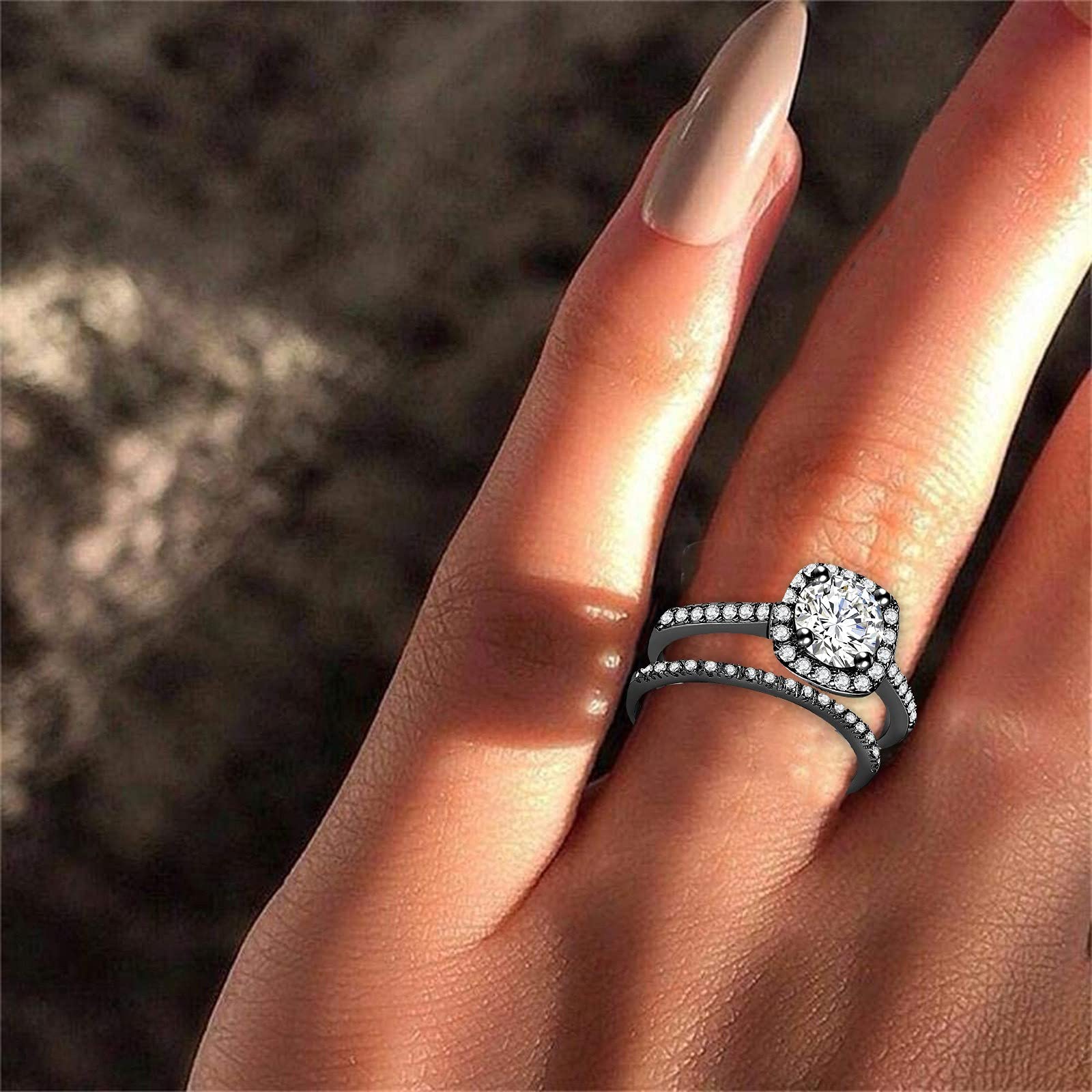 lingding Cushion Halo Cubic Zirconia CZ Engagement Rings Wedding Party Statement Cocktails Classic Fashion Square Wedding Ring Black