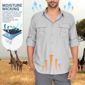 Men’s Long Sleeve Shirts UV UPF 50 Sun Protection Hiking Fishing Safari Shirt Quick Dry Cool Utility Blouse (5052 Light Grey XL)