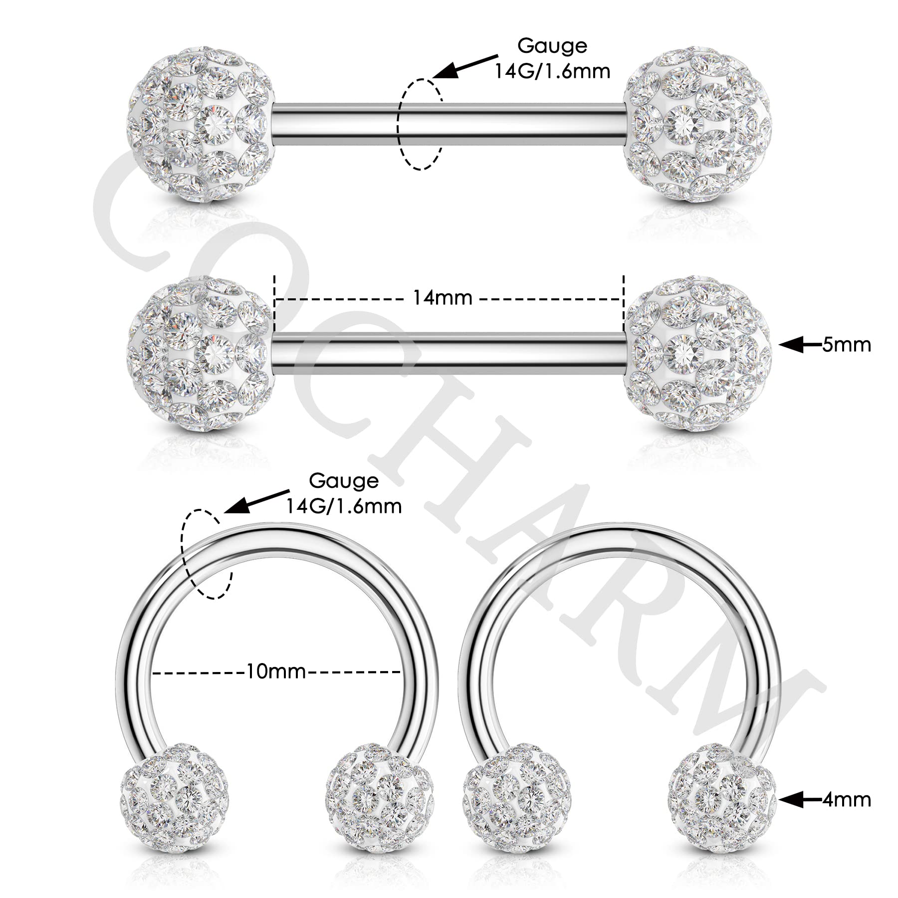 COCHARM 4pcs G23 Solid Titanium Nipple Rings 14g White Nipple Rings Horseshoes Nipple Hoop Nipple Piercing for Women Cute Small Diamond Paved Nipple Barbells