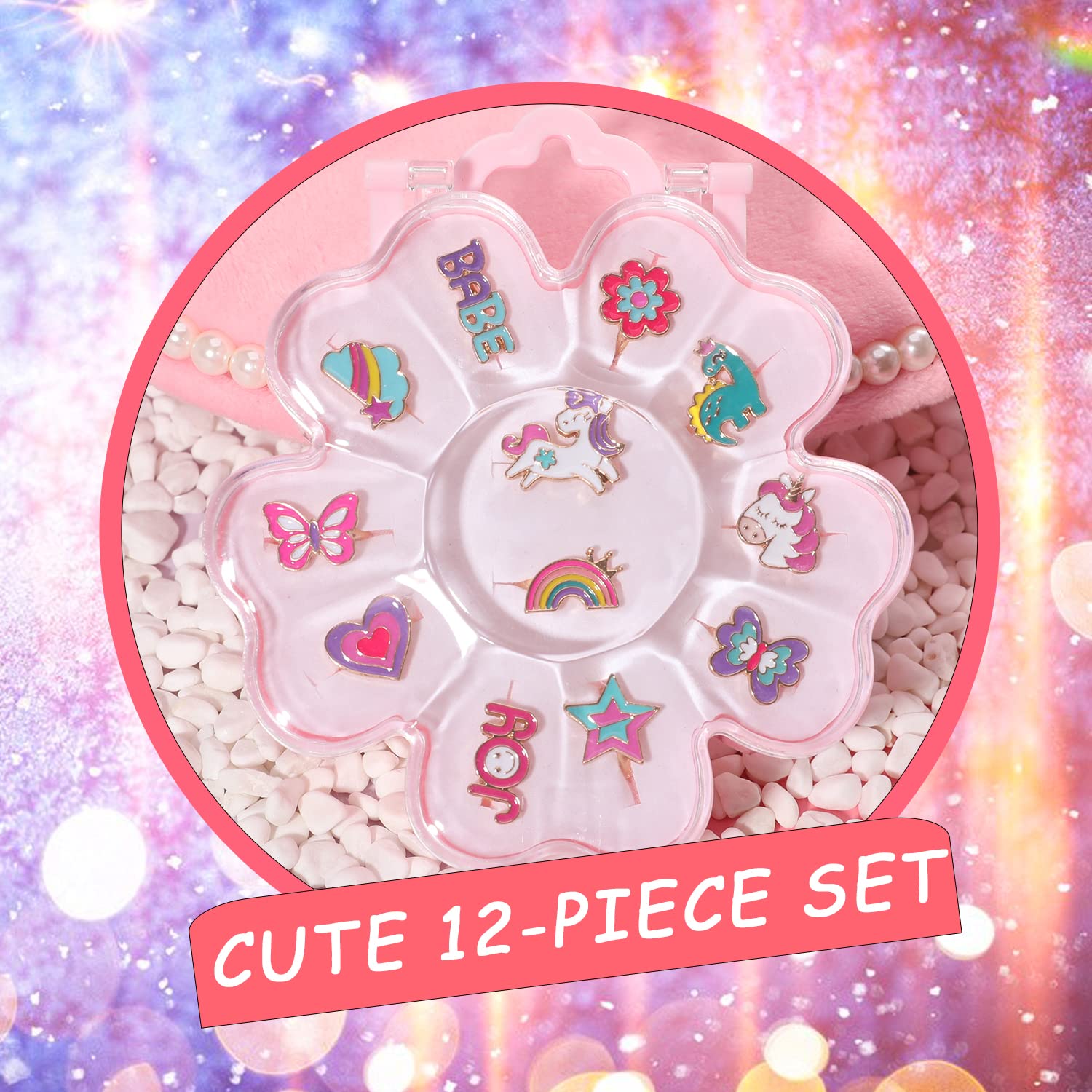 PinkSheep Rings for Kids Jewelry for Girls Unicorn Ring Rainbow Ring Butterfly Ring 12 PC Gift for 4/5/6/7/9/10 Years Old Flower Packaging