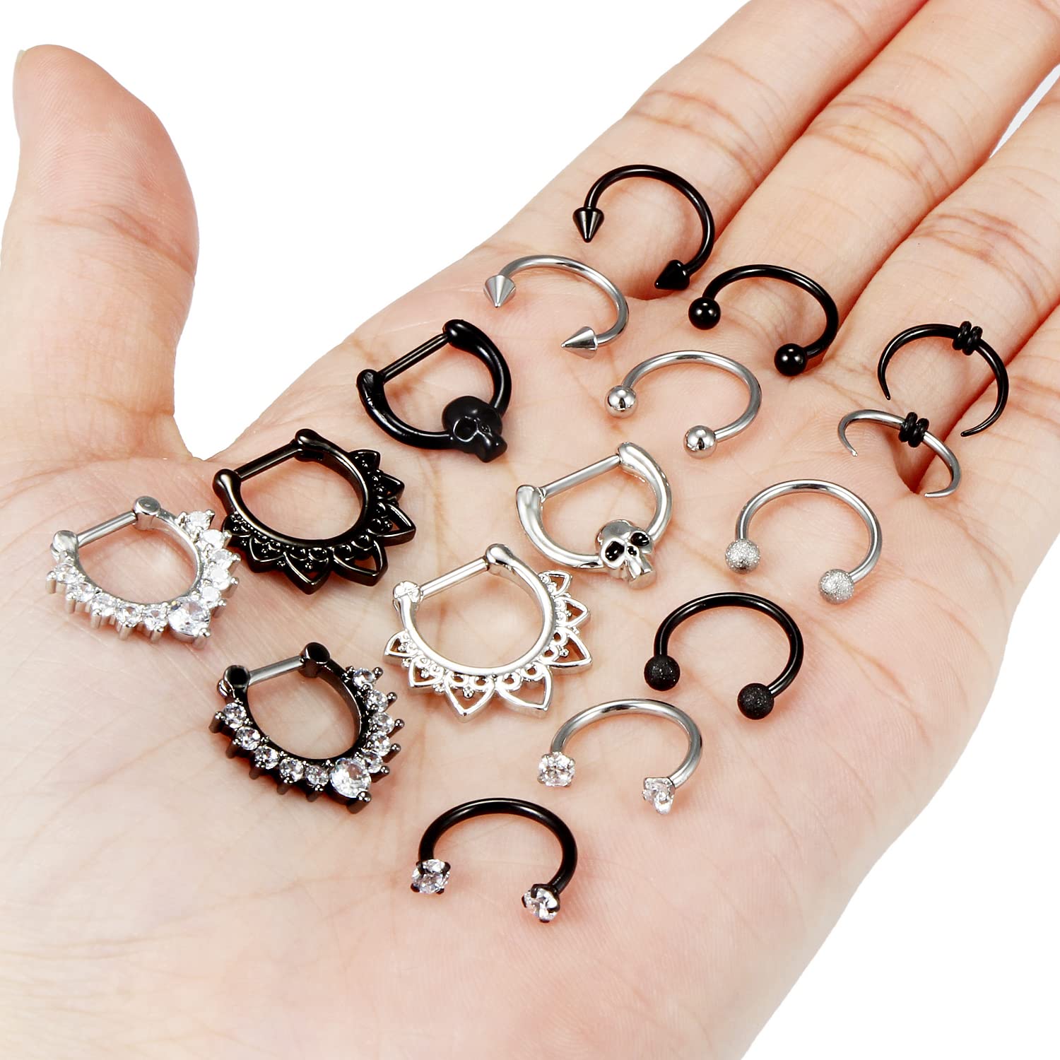 Hoeudjo Septum Clicker Rings 16G Surgical Steel Nose Hoop Rings Retainer Body Piercing Jewelry with Clear CZ Women Men Skull Daith Helix Tragus Lip Cartilage Earrings 16 Pieces Silver Black