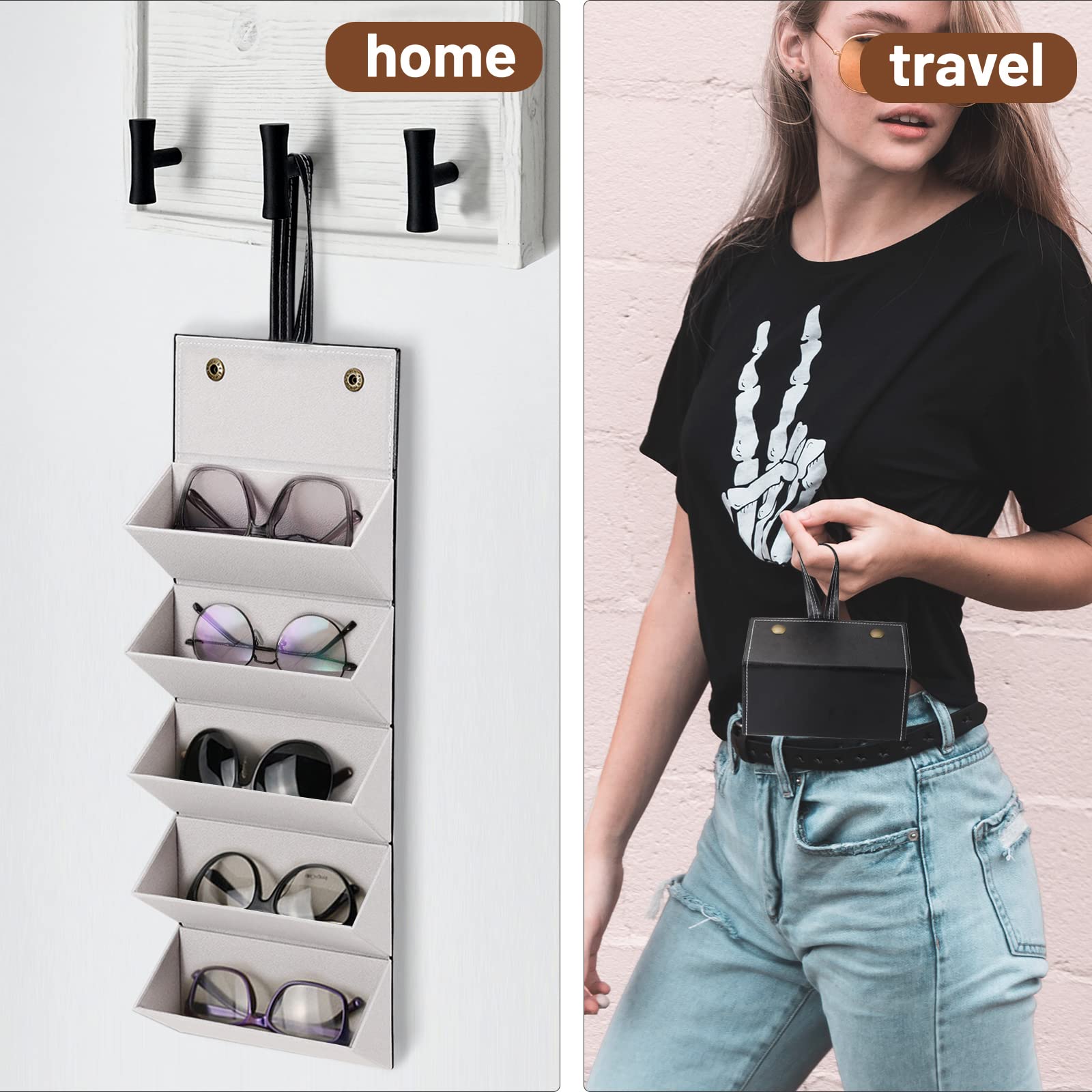 ZKFLLO 2 Pack Sunglasses Organizer with 5 Slots, Travel Glasses Case Multiple Pairs Portable Eyeglasses Storage Case (Black+Brown)