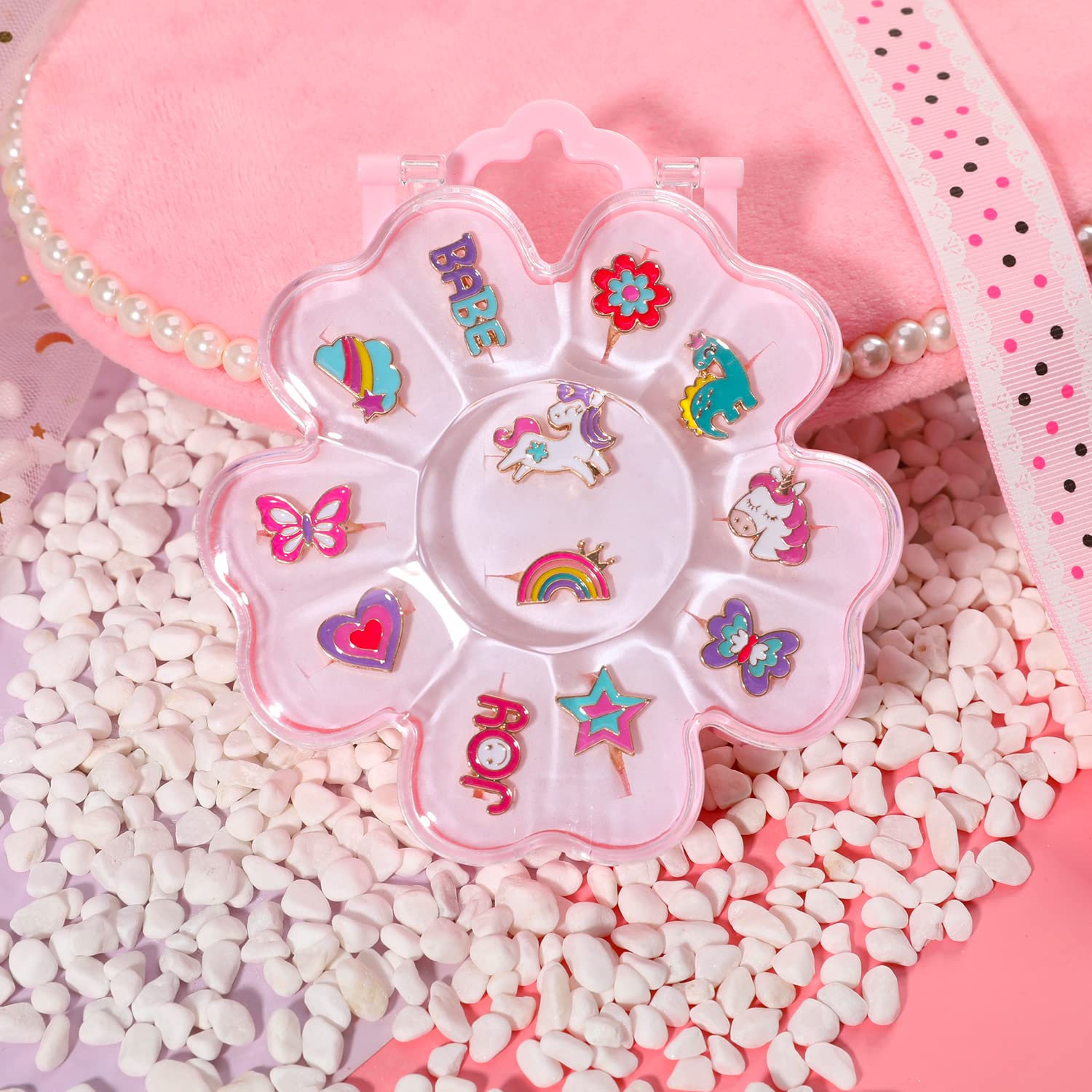 PinkSheep Rings for Kids Jewelry for Girls Unicorn Ring Rainbow Ring Butterfly Ring 12 PC Gift for 4/5/6/7/9/10 Years Old Flower Packaging