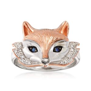 ross-simons two-tone sterling silver fox ring with sapphire and diamond accents. size 9