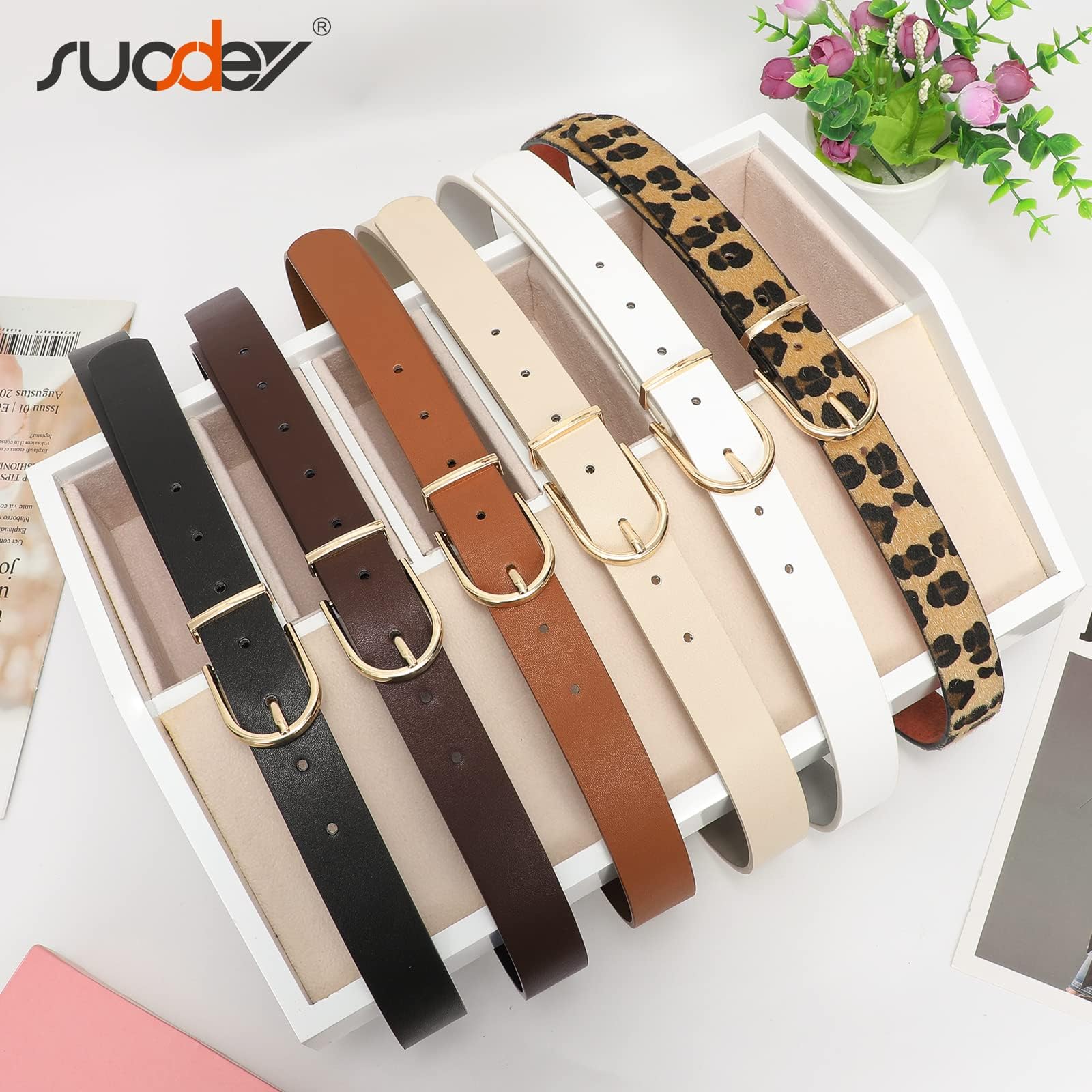 SUOSDEY 3 Pack Womens Fashion Leather Belts for Jeans Dresses Pants Black Brown Beige Ladies Belts with Gold Buckle