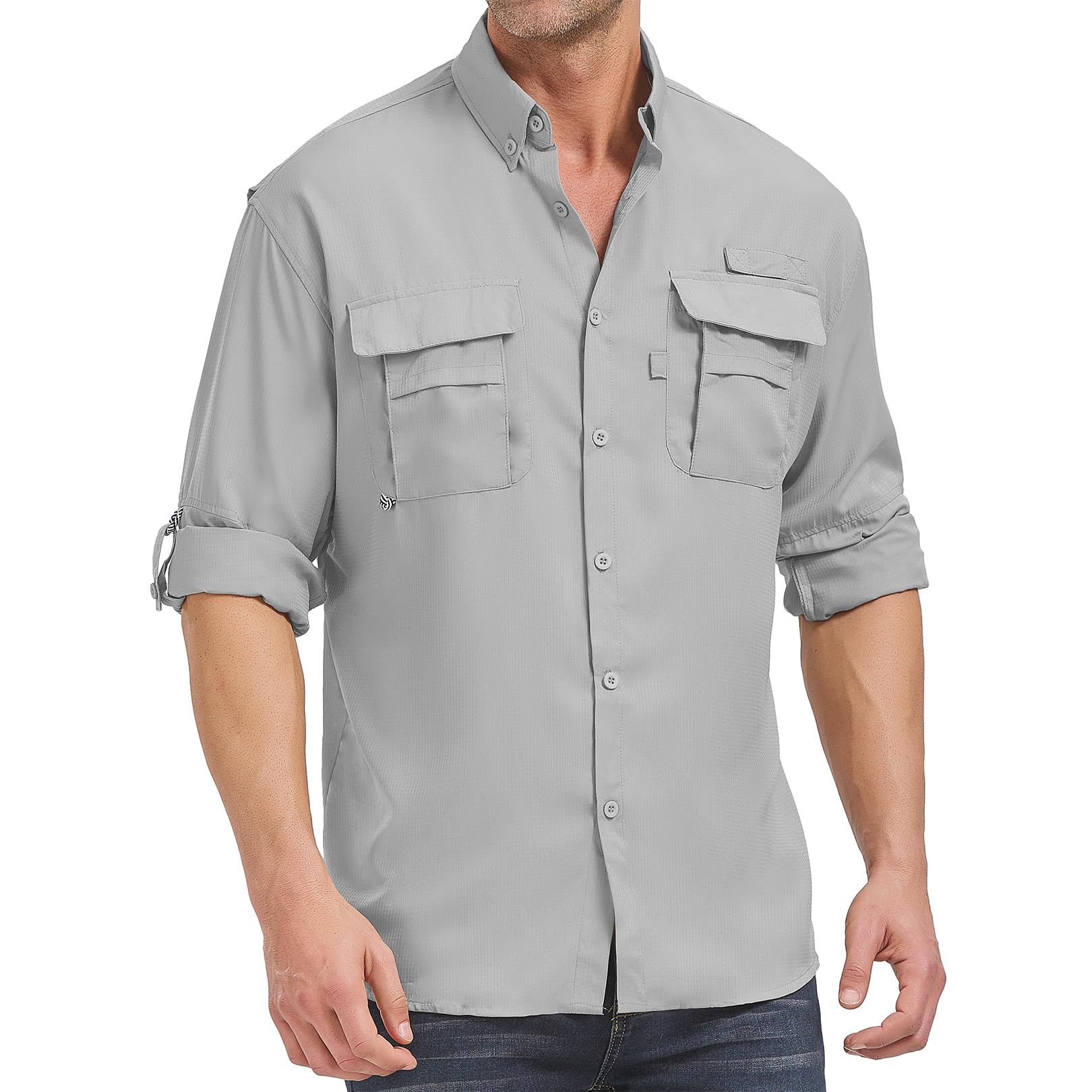 Men’s Long Sleeve Shirts UV UPF 50 Sun Protection Hiking Fishing Safari Shirt Quick Dry Cool Utility Blouse (5052 Light Grey XL)