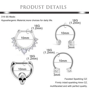 Hoeudjo Septum Clicker Rings 16G Surgical Steel Nose Hoop Rings Retainer Body Piercing Jewelry with Clear CZ Women Men Skull Daith Helix Tragus Lip Cartilage Earrings 16 Pieces Silver Black