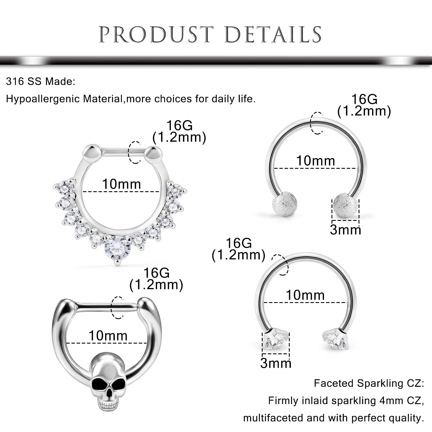 Hoeudjo Septum Clicker Rings 16G Surgical Steel Nose Hoop Rings Retainer Body Piercing Jewelry with Clear CZ Women Men Skull Daith Helix Tragus Lip Cartilage Earrings 16 Pieces Silver Black