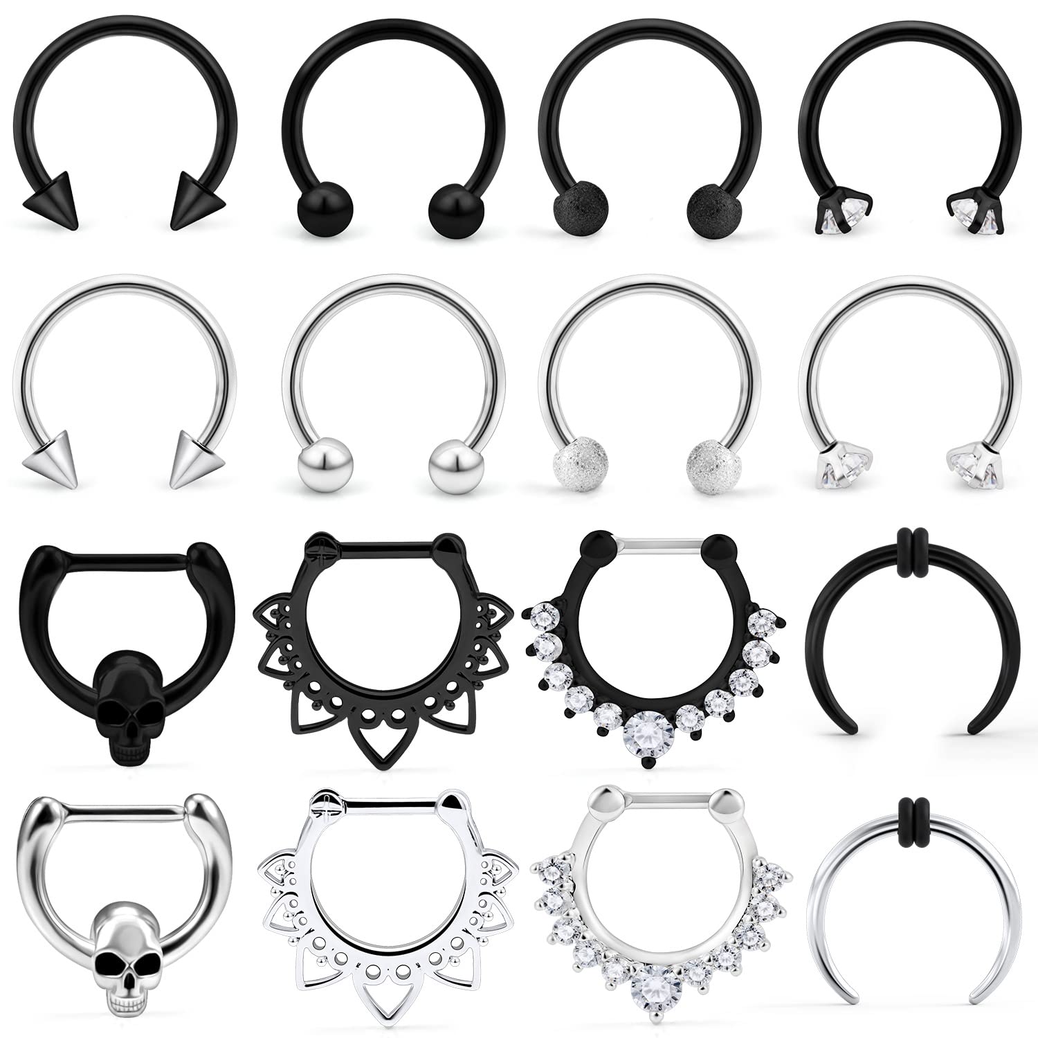 Hoeudjo Septum Clicker Rings 16G Surgical Steel Nose Hoop Rings Retainer Body Piercing Jewelry with Clear CZ Women Men Skull Daith Helix Tragus Lip Cartilage Earrings 16 Pieces Silver Black