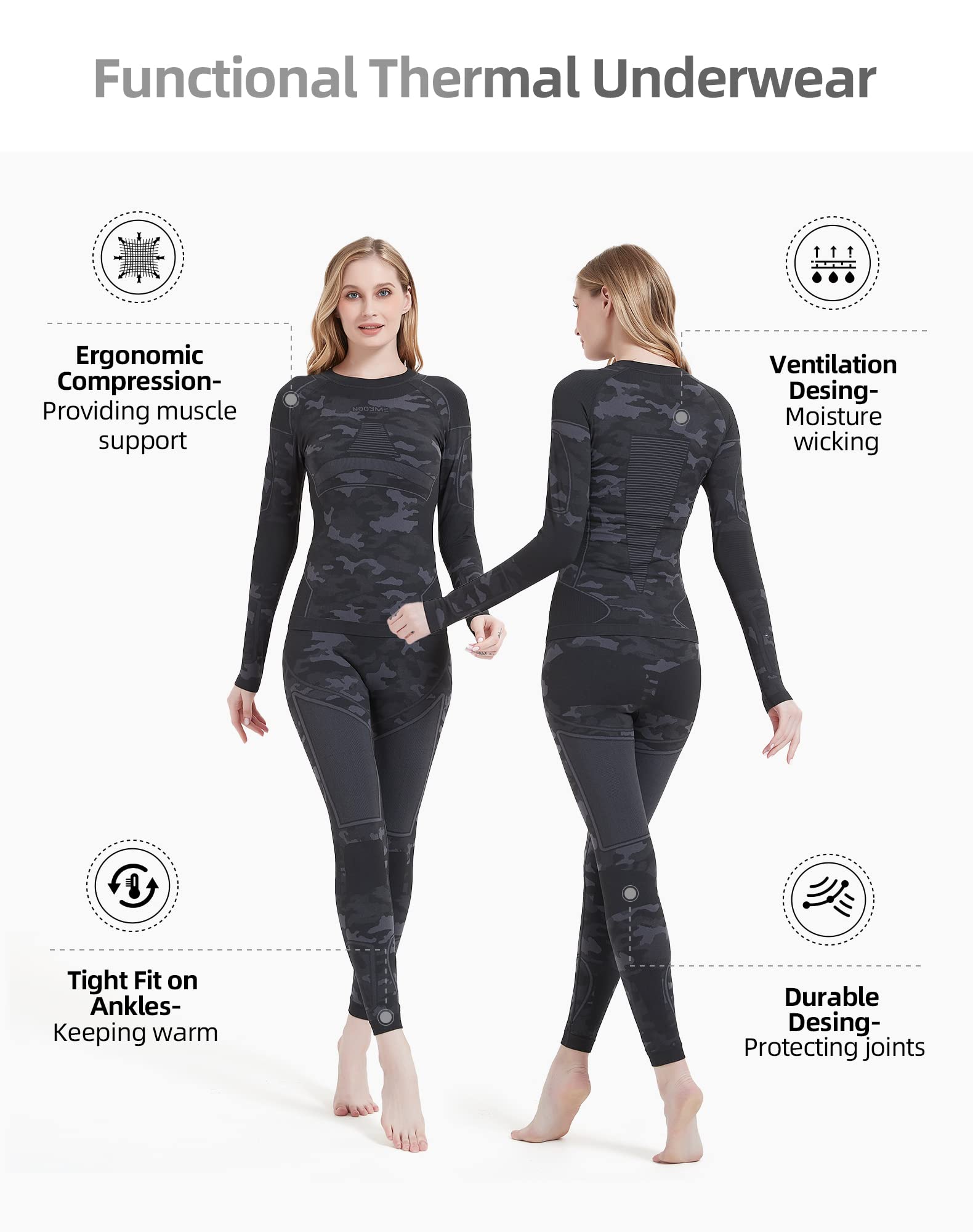 NOOYME Thermal Underwear for Women Long Johns for Women, Base Layer Women Camouflage