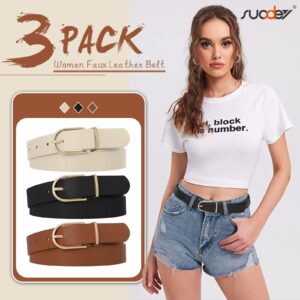 SUOSDEY 3 Pack Womens Fashion Leather Belts for Jeans Dresses Pants Black Brown Beige Ladies Belts with Gold Buckle