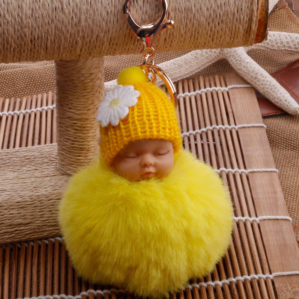 Small Key Clip Doll Baby Sleeping Bags Charm Pendant Keyrings Chains Pompom Cute Key Keychains (Yellow, One Size)