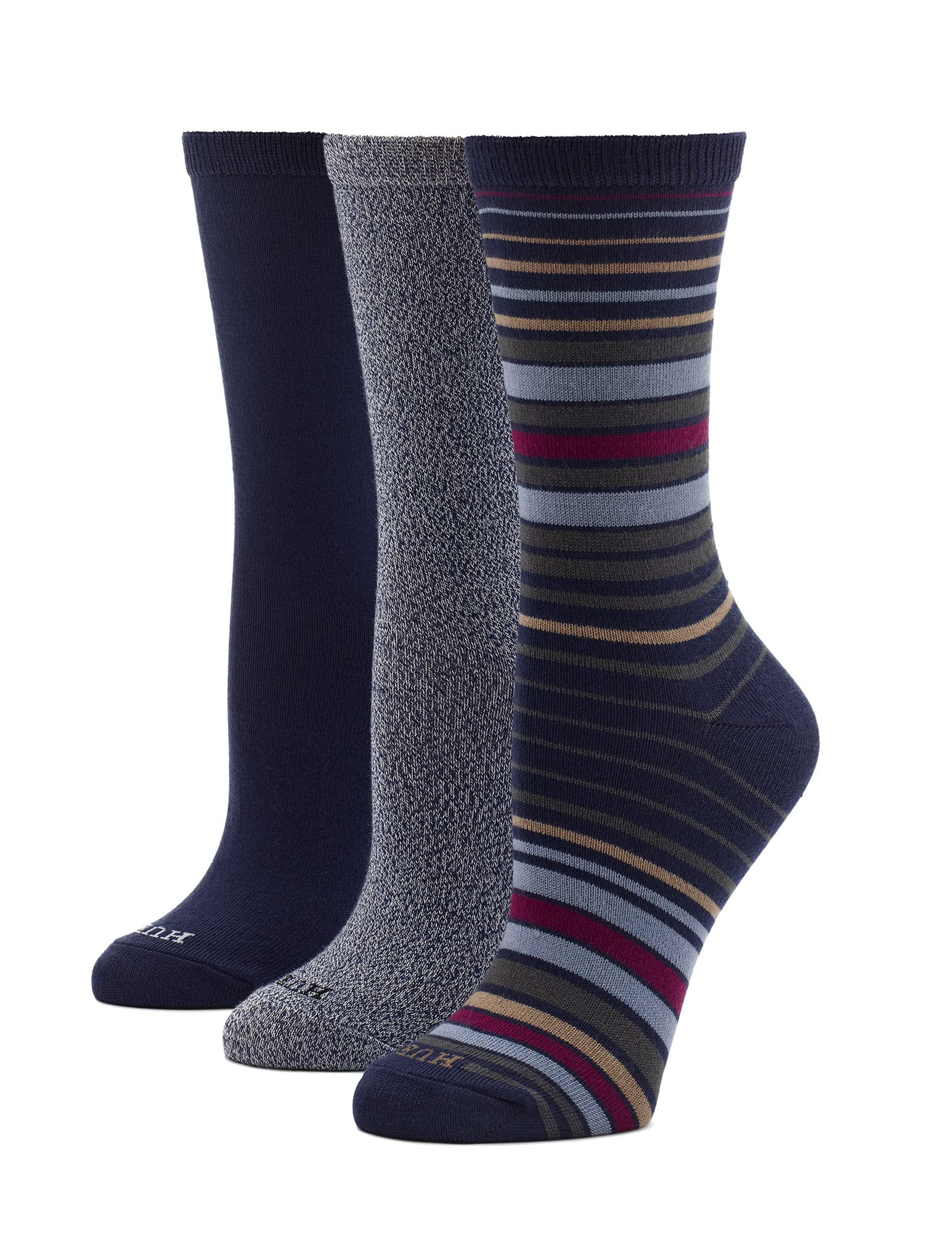 HUE Women's Super Soft Crew Sock 3 Pair, Stripe Pack: Stripe/Marl/Navy, One Size