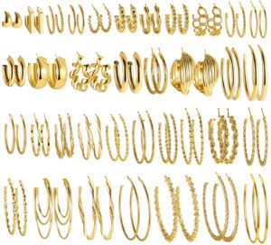 36 pairs gold hoop earrings for women,fashion big and small gold earrings set,multipack hypoallergenic chunky gold hoops for birthday party jewelry gift (gold)