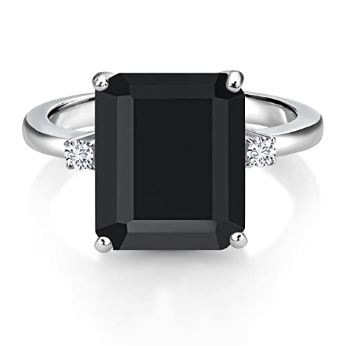 Gem Stone King 925 Sterling Silver 12X10MM Black Onyx and 2MM White Lab Grown Diamond 3 Stone Engagement Ring For Women | 5.85 Cttw | Gemstone December Birthstone | Size 9