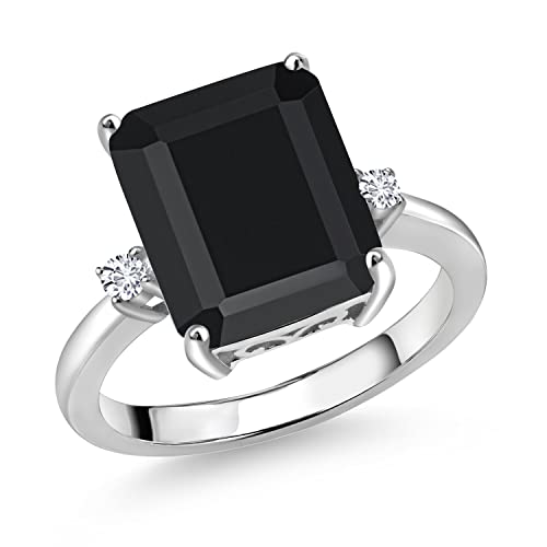 Gem Stone King 925 Sterling Silver 12X10MM Black Onyx and 2MM White Lab Grown Diamond 3 Stone Engagement Ring For Women | 5.85 Cttw | Gemstone December Birthstone | Size 9