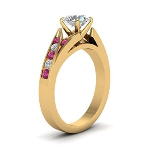 CustomizedGifts Channel Set Diamond Ring yellow gold plated Created Pink Sapphire Round shape Pink color Split Shank Engagement Ring channel Setting in Size 11 Handcraft Chakra Healing