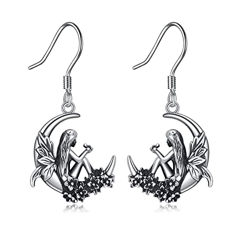 Fairy Earrings 925 Sterling Silver Elf Fairy on Moon Dangle Drop Earrings Jewelry Gifts for Women