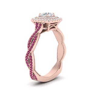 Gemsonclick Double Halo Twisted Shank Engagement Ring rose gold plated Created Pink Sapphire Round shape Pink color Halo Engagement Rings prong and pave setting. in Size 7