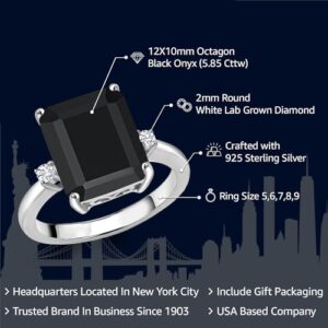 Gem Stone King 925 Sterling Silver 12X10MM Black Onyx and 2MM White Lab Grown Diamond 3 Stone Engagement Ring For Women | 5.85 Cttw | Gemstone December Birthstone | Size 9