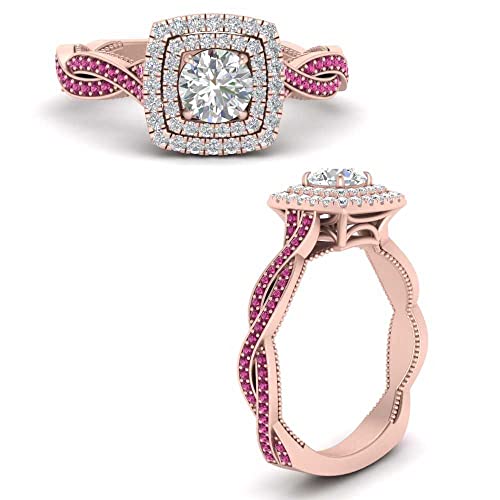 Gemsonclick Double Halo Twisted Shank Engagement Ring rose gold plated Created Pink Sapphire Round shape Pink color Halo Engagement Rings prong and pave setting. in Size 7