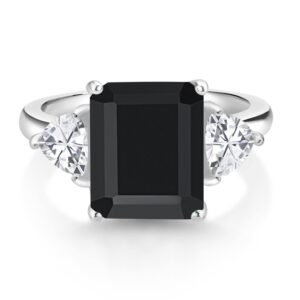 Gem Stone King 7.30 Cttw Black Onyx 3-Stone Ring For Women In 925 Sterling Silver | Emerald Cut 12X10MM | Trillion 5X5MM | Gemstone December Birthstone | Available in Size 5,6,7,8,9