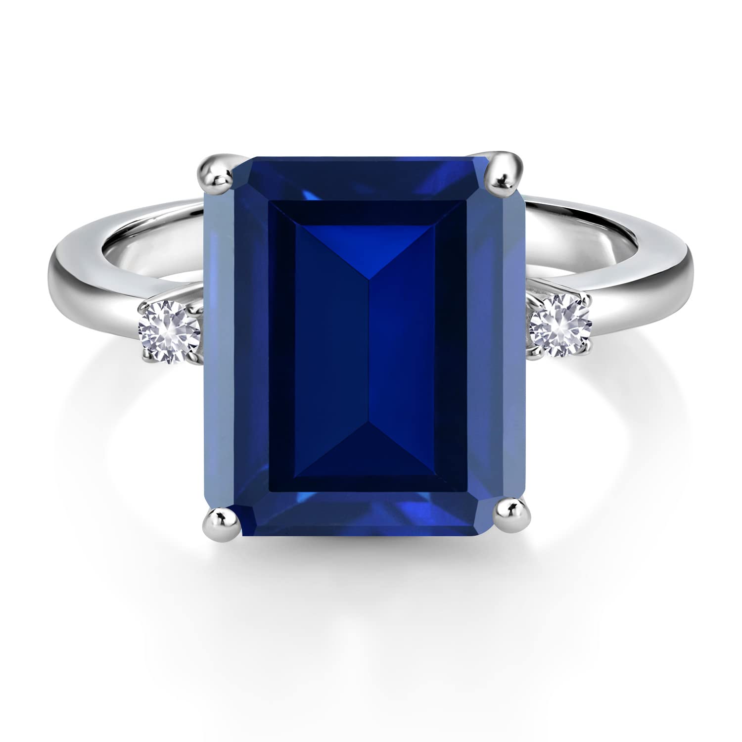 Gem Stone King 925 Sterling Silver 12X10MM Blue Simulated Sapphire and 2MM White Created Sapphire 3 Stone Engagement Ring For Women | 6.78 Cttw | Gemstone September Birthstone | Size 6