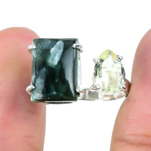 AUDRIELLE 925 Sterling Silver Ring, Seraphinite, Apatite Cushion Shape Handmade Gemstone, Adjustable