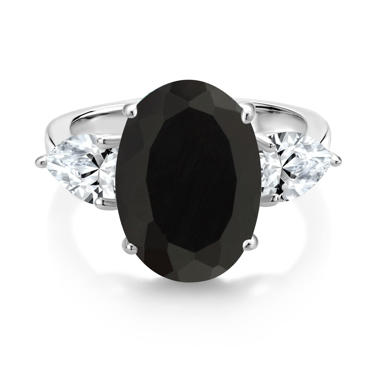 Gem Stone King 925 Sterling Silver Black Onyx and White Created Sapphire Ring For Women (7.00 Cttw, 14X10MM Oval and 7X5MM Pear Shape, Gemstone December Birthstone, Available In Size 5, 6, 7, 8, 9)